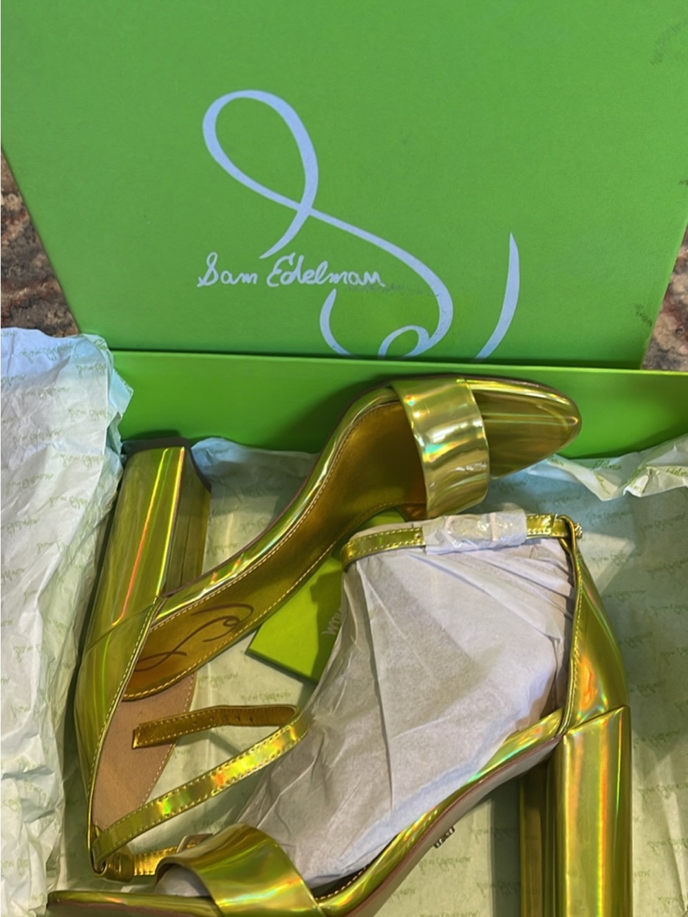 Sam Edelman Iridescent Gold Block Heel Sandals